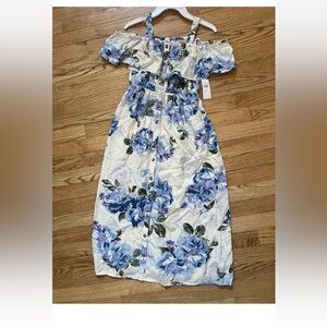 Girl's 8 Justice Dress New M NWT Blue White Floral Off the Shoulder Long Maxi